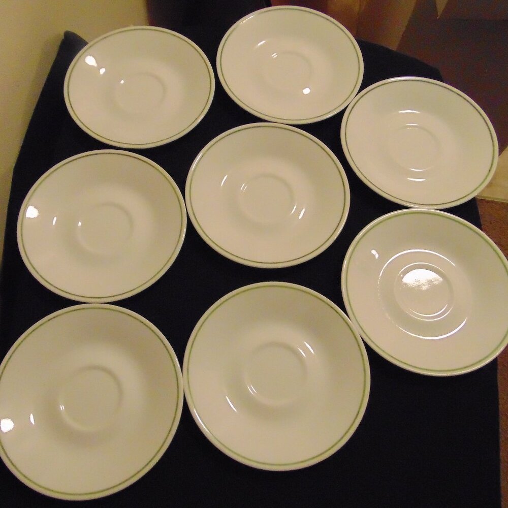 Vintage Corelle Wildflower Saucers, Set of 8, White with Green Stripe on Edge